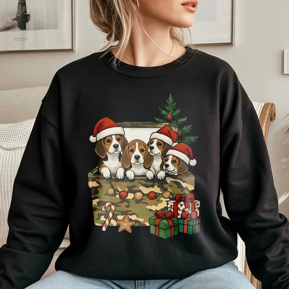 Puppies in Holiday Gift Box Crewneck, Christmas Beagle Sweatshirt, Adorable Dog Xmas Sweatshirt, Festive Puppy Sweater, Dog L