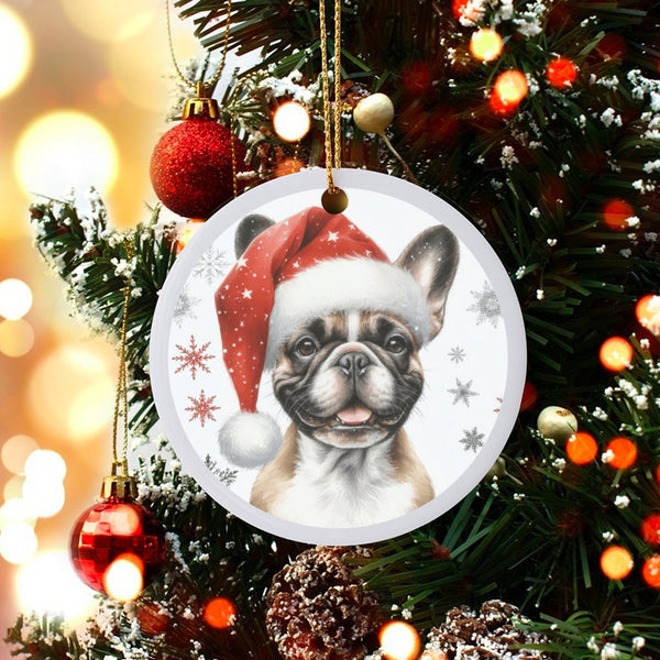 Santa Hat Frenchie Ornament, French Bulldog Christmas Ornament, Adorable Dog Holiday Tree Ornament, Ceramic Dog Lover Keepsak