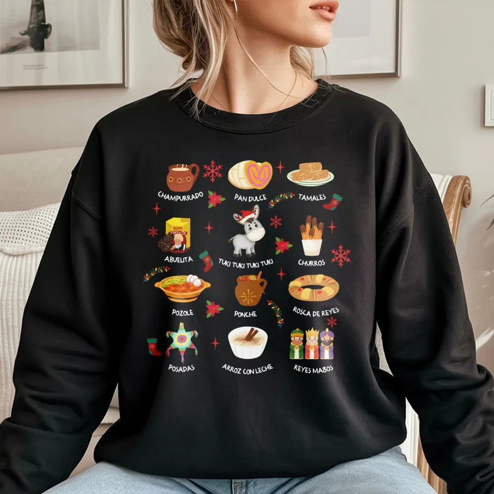 Traditional Holiday Food Sweatshirt, Mexican Christmas Sweatshirt, Latina Festive Holiday Crewneck, Mexican Food Christmas Sw