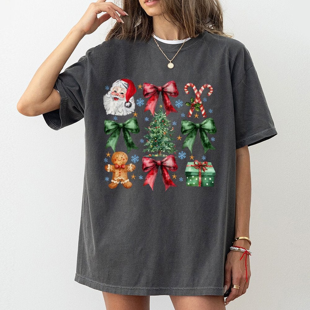 Retro Christmas Graphic Tee, Coquette Bow Santa Claus T-Shirt, Vintage Holiday Pink Bow Shirt, Adorable Preppy Xmas Season Ou