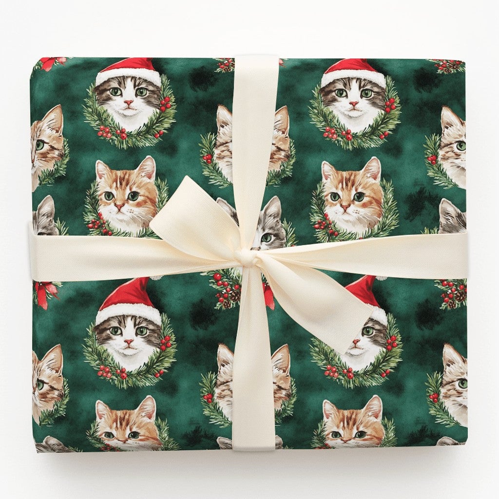 Santa Hat Kitten Gift Wrap, Christmas Cat Wrapping Paper, Holiday Wreath Cat Wrapping Paper, Festive Green Holiday Pet Lover 