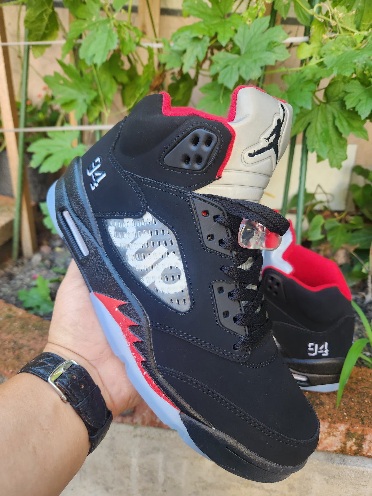 High Top Sneakers, Black Red Colorway, Lace Up Design, Casual Gift for Sneaker Fans
