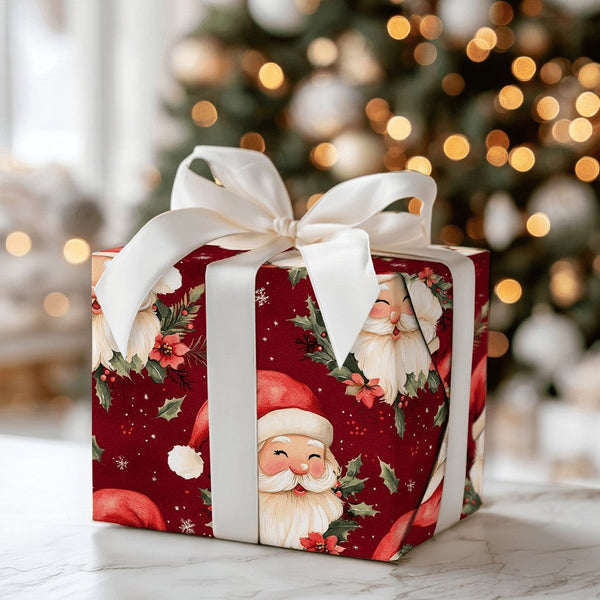 Vintage Christmas Gift Wrap, Jolly Santa Claus Wrapping Paper, Winking Santa Holiday Wrapping Paper, Red Poinsettia Gift Wrap