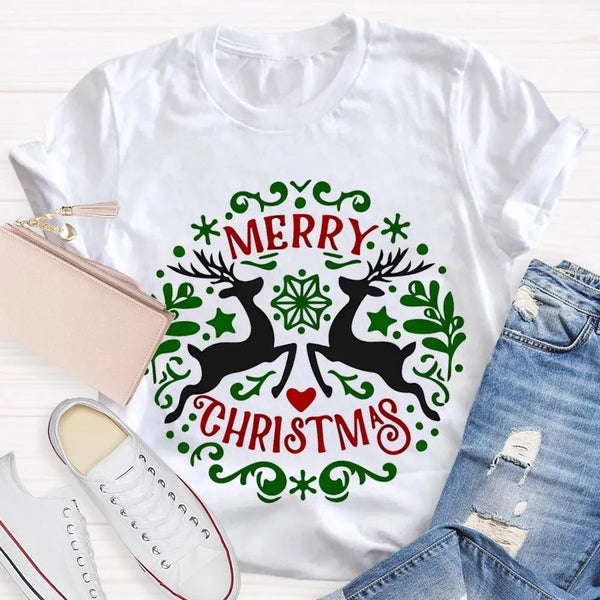 Festive Reindeer Holiday Graphic Tee, Christmas Elk T-Shirt, Winter Deer Shirt, Adorable Merry Christmas Animal T-Shirt, Xmas