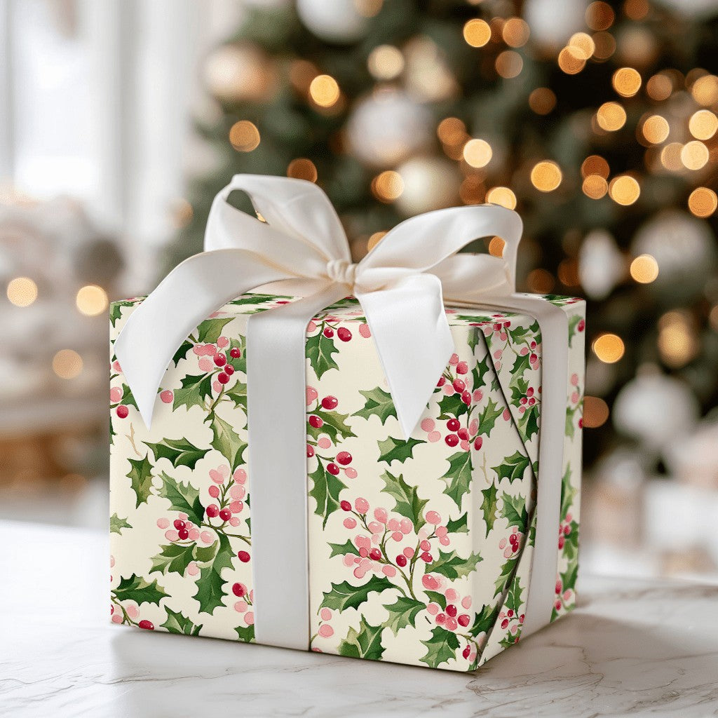 Christmas Botanical Gift Wrap, Watercolor Holly Wrapping Paper, Vintage Holiday Berry Wrapping Paper, Winter Christmas Gift W