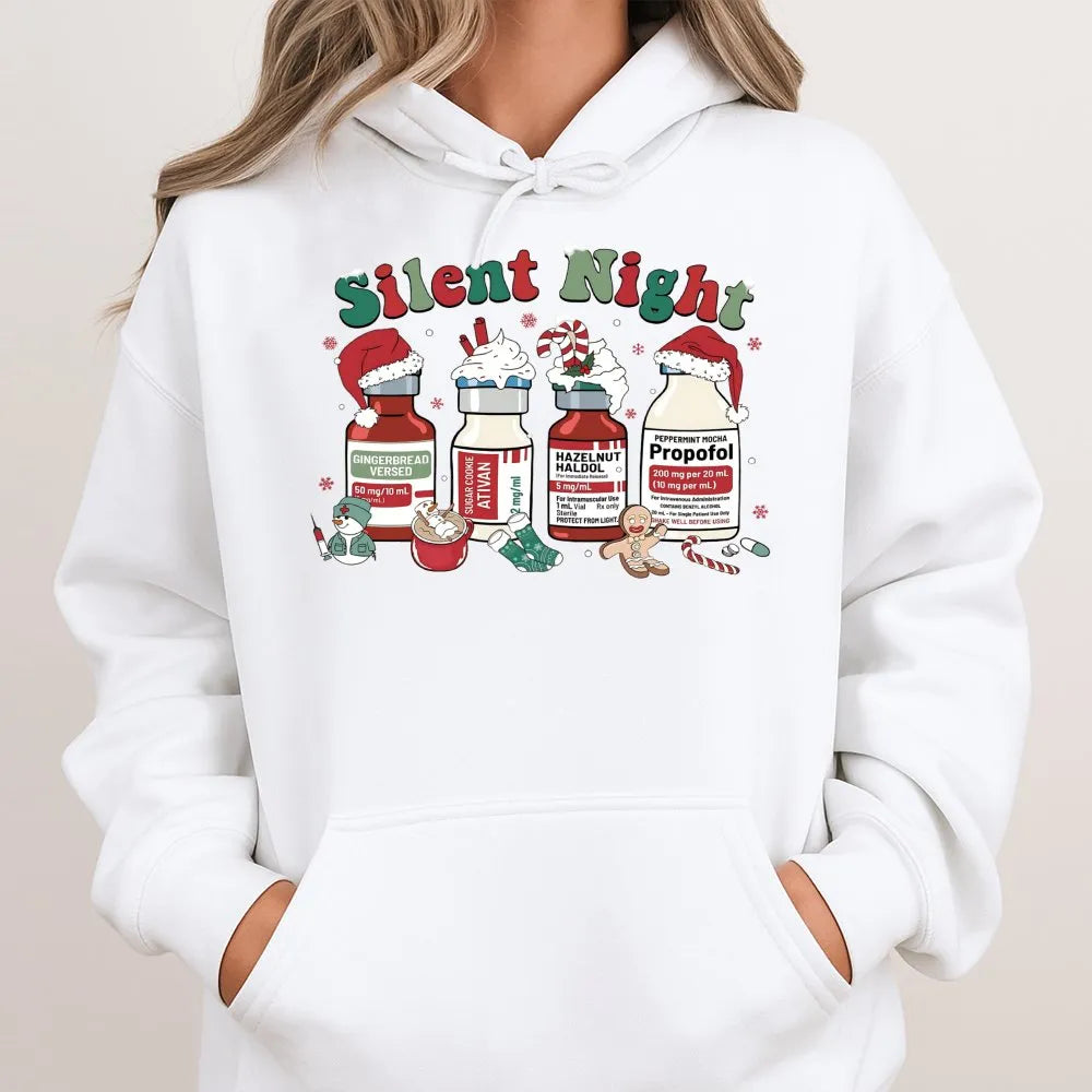 Humorous Medical Christmas Sweatshirt, Silent Night Nurse Hoodie, Adorable ICU Nurse Holiday Hoodie, Healthcare Worker Hooded