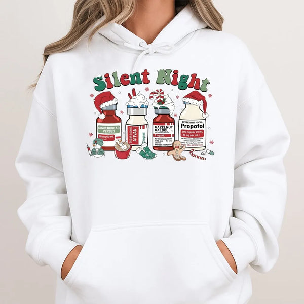 Humorous Medical Christmas Sweatshirt, Silent Night Nurse Hoodie, Adorable ICU Nurse Holiday Hoodie, Healthcare Worker Hooded