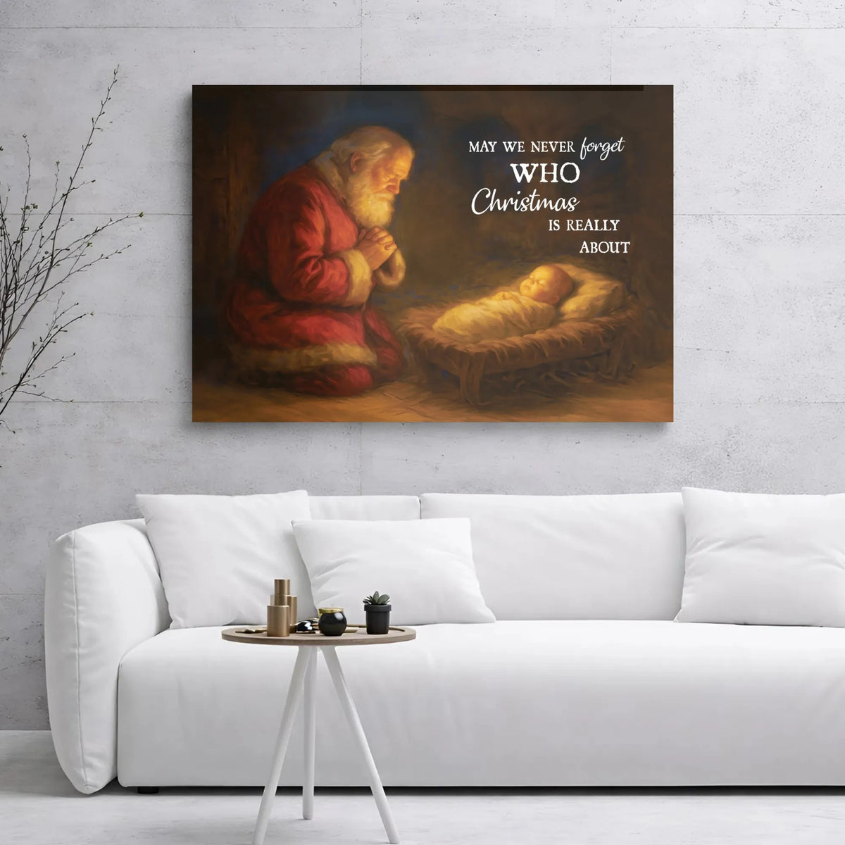 Religious Christmas Wall Art, Santa Kneeling at Manger Canvas, Nativity Scene Canvas Print, Christian Holiday Wall Decor