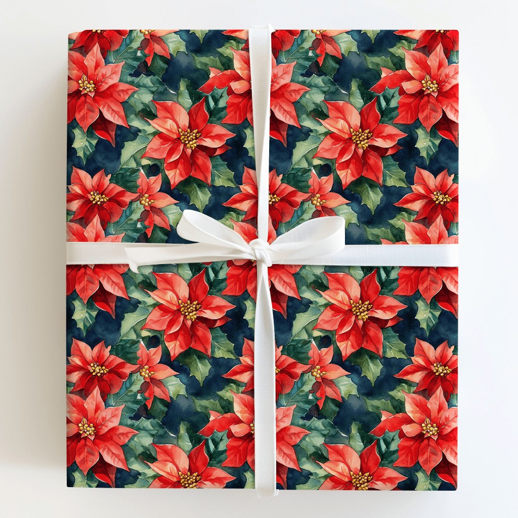 Dark Moody Floral Gift Wrap, Watercolor Poinsettia Wrapping Paper, Vintage Red Christmas Wrapping Paper, Botanical Holiday Gi