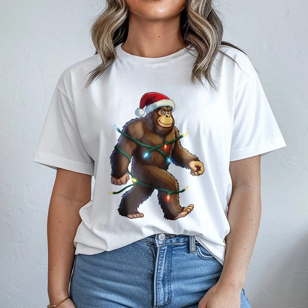 Humorous Sasquatch Santa Hat Shirt, Bigfoot Christmas T-Shirt, Retro Bigfoot Holiday Lights Tee, Adorable Bigfoot Xmas Shirt,