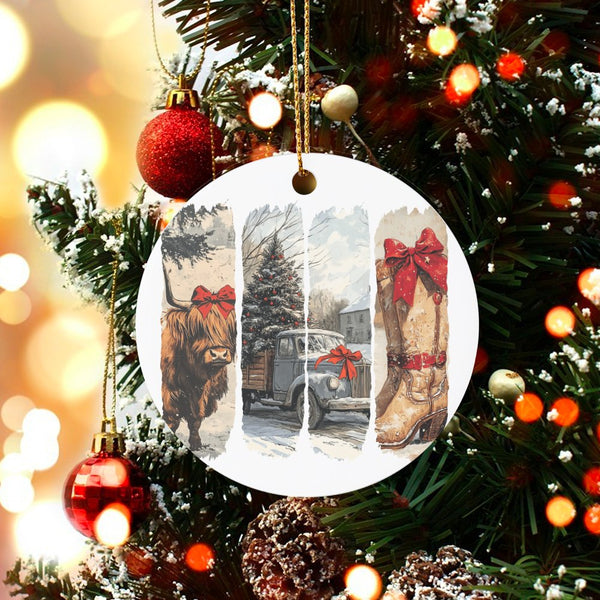 Western Cowboy Boots Ornament, Highland Cow Christmas Ornament, Farmhouse Truck Tree Ornament, Rustic Ceramic Keepsake, Count