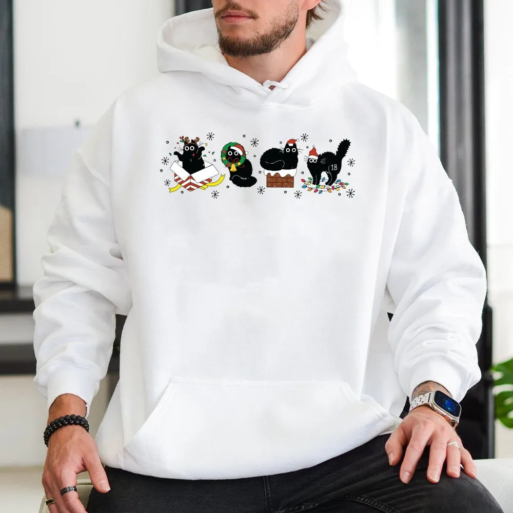 Festive Kitten Graphic Hoodie, Christmas Black Cat Hoodie, Humorous Cat Lover Holiday Hoodie, Adorable Animal Winter Pullover