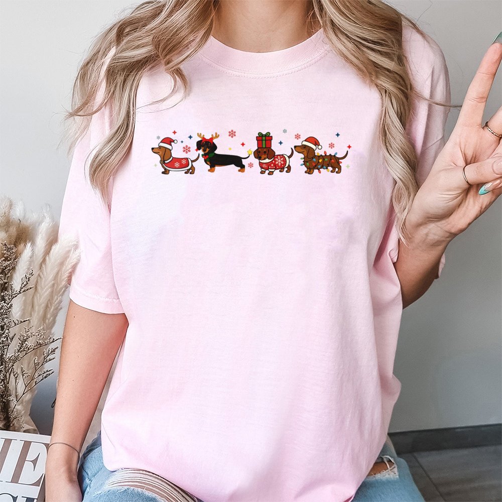 Adorable Wiener Dog Holiday Shirt, Dachshund Christmas T-Shirt, Festive Dachshund Graphic Tee, Dog Lover Xmas T-Shirt, Dog Mo
