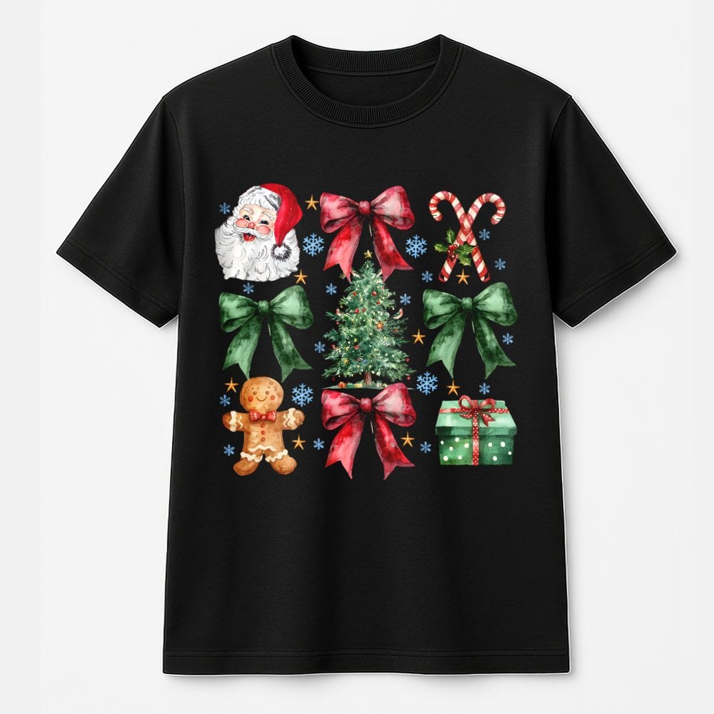 Retro Christmas Graphic Tee, Coquette Bow Santa Claus T-Shirt, Vintage Holiday Pink Bow Shirt, Adorable Preppy Xmas Season Ou