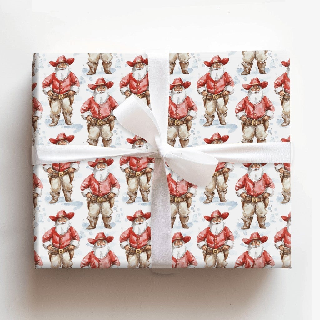 Wild West Watercolor Santa Gift Wrap, Cowboy Santa Christmas Wrapping Paper, Rustic Chaps Santa Wrapping Paper, Country Holid