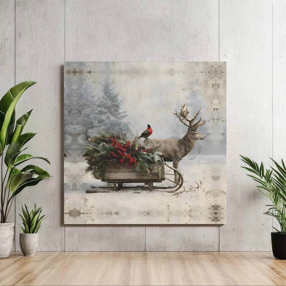 Rustic Christmas Sleigh Canvas, Winter Deer Square Canvas Wall Art, Bullfinch Berry Farmhouse Wall Art, Holiday Nature Canvas