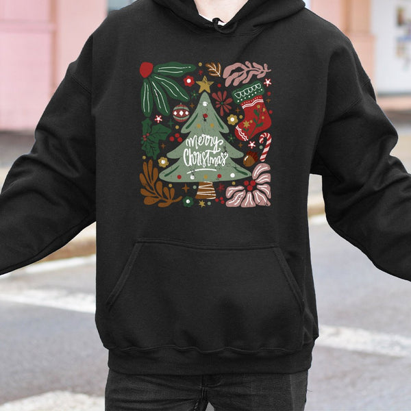 Botanical Christmas Tree Graphic Pullover, Merry Christmas Tree Hoodie, Comfy Winter Holiday Hooded Sweatshirt, Festive Xmas 