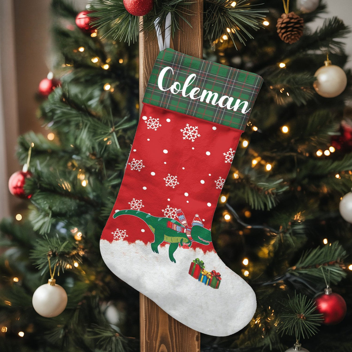 Red T-Rex Holiday Stocking, Personalized Dinosaur Christmas Stocking, Custom Name Dino Xmas Stocking, Adorable Kids Fireplace