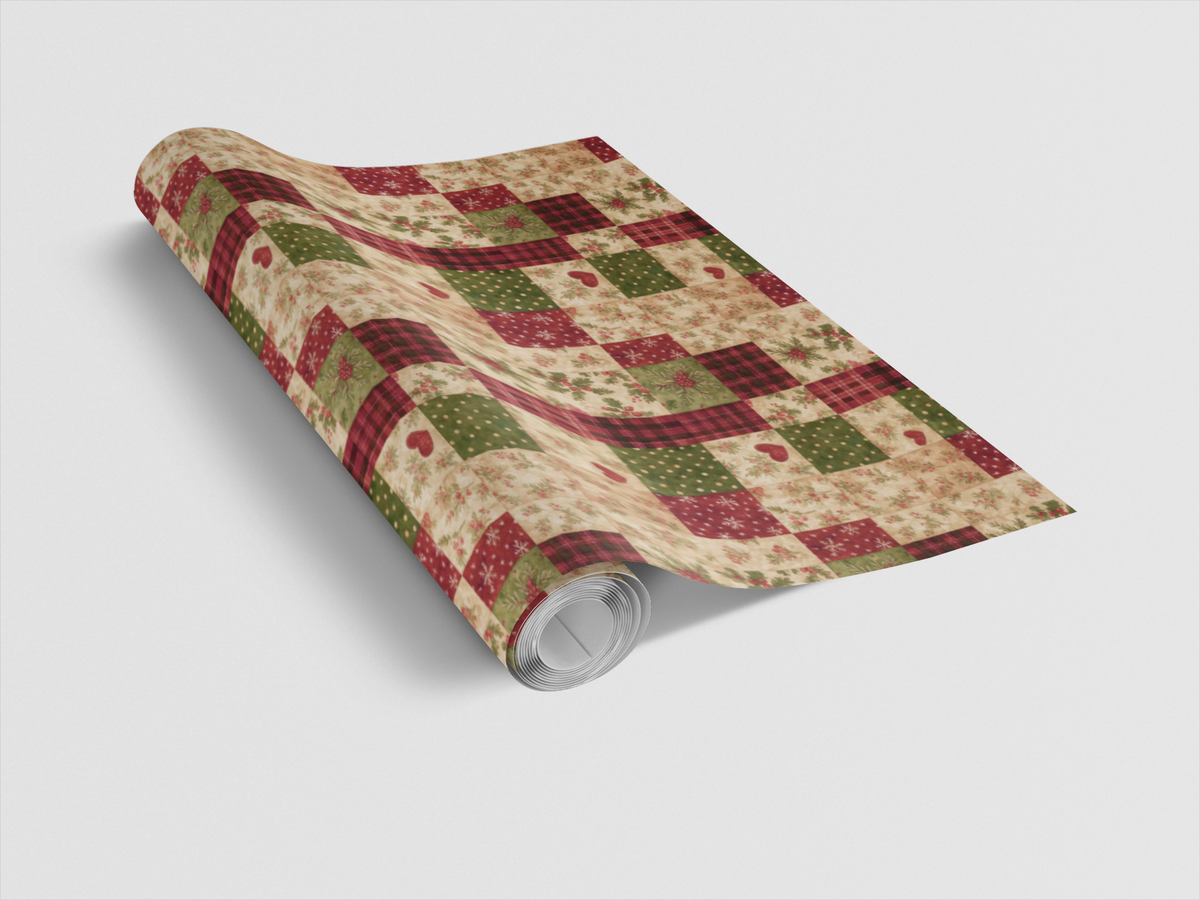 Patchwork Holiday Gift Wrap, Rustic Heart and Holly Wrapping Paper, Plaid Christmas Wrapping Paper, Quilt Pattern Gift Wrap R