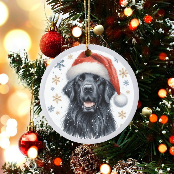 Santa Hat Snowflakes Ceramic Ornament, Newfoundland Dog Christmas Ornament, Winter Pet Tree Decor, Dog Lover Xmas Keepsake Or