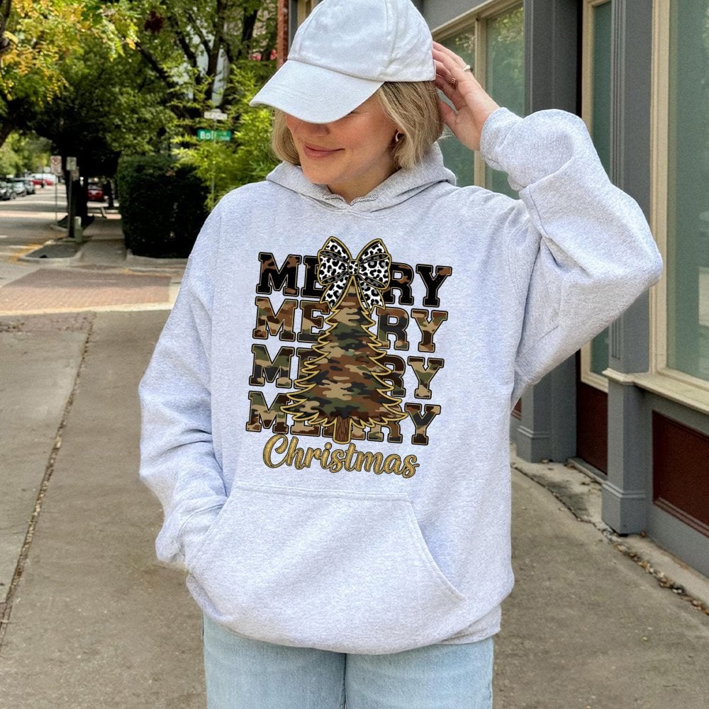 Rustic Leopard Bow Holiday Pullover, Merry Christmas Camo Hoodie, Country Hunting Season Sweatshirt, Adorable Xmas Tree Camou