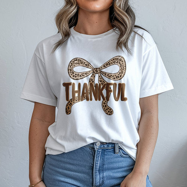 Thankful T-Shirt | Leopard Print Bow Design | 100% Soft Cotton | Thanksgiving Fall Gift for Women