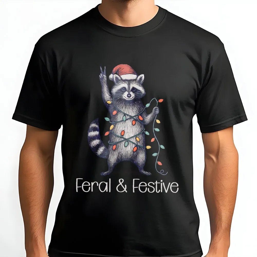 Humorous Trash Panda Xmas Shirt, Feral and Festive Raccoon Christmas T-Shirt, Retro Holiday Animal Graphic Tee, Adorable Racc