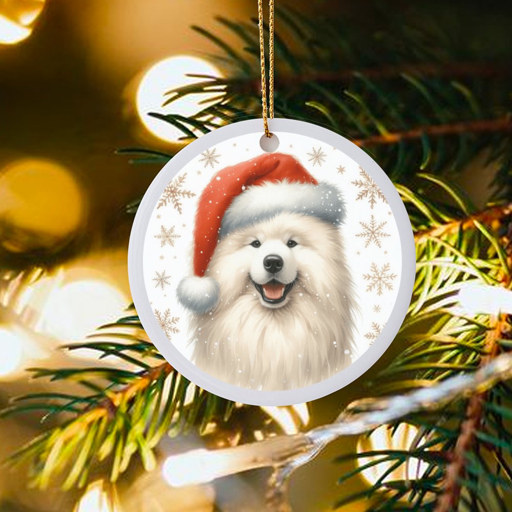 Santa Hat Fluffy Puppy Ornament, Samoyed Dog Christmas Ornament, Festive Dog Lover Ceramic Ornament, Xmas Tree Hanging Decor,