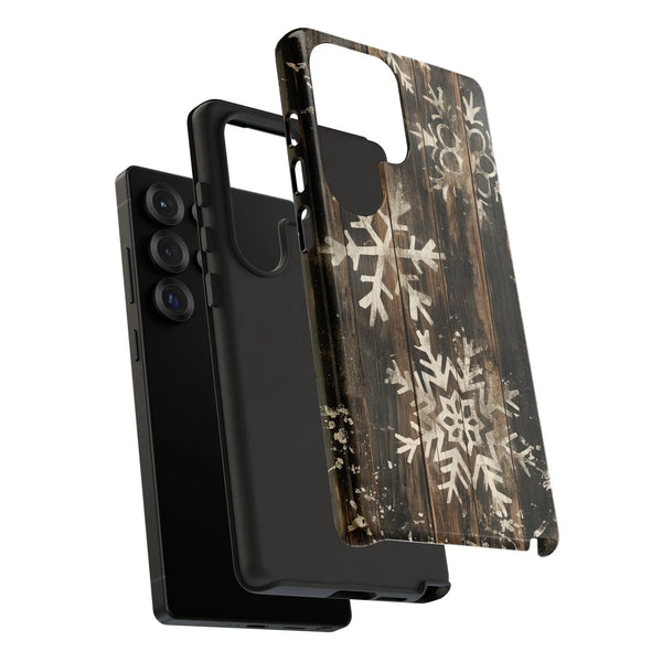 Rustic Wood Snowflakes Phone Case, Winter Snowflake Phone Case for Samsung Galaxy, Dual Layer Tough Cover, Comfy Christmas Ho