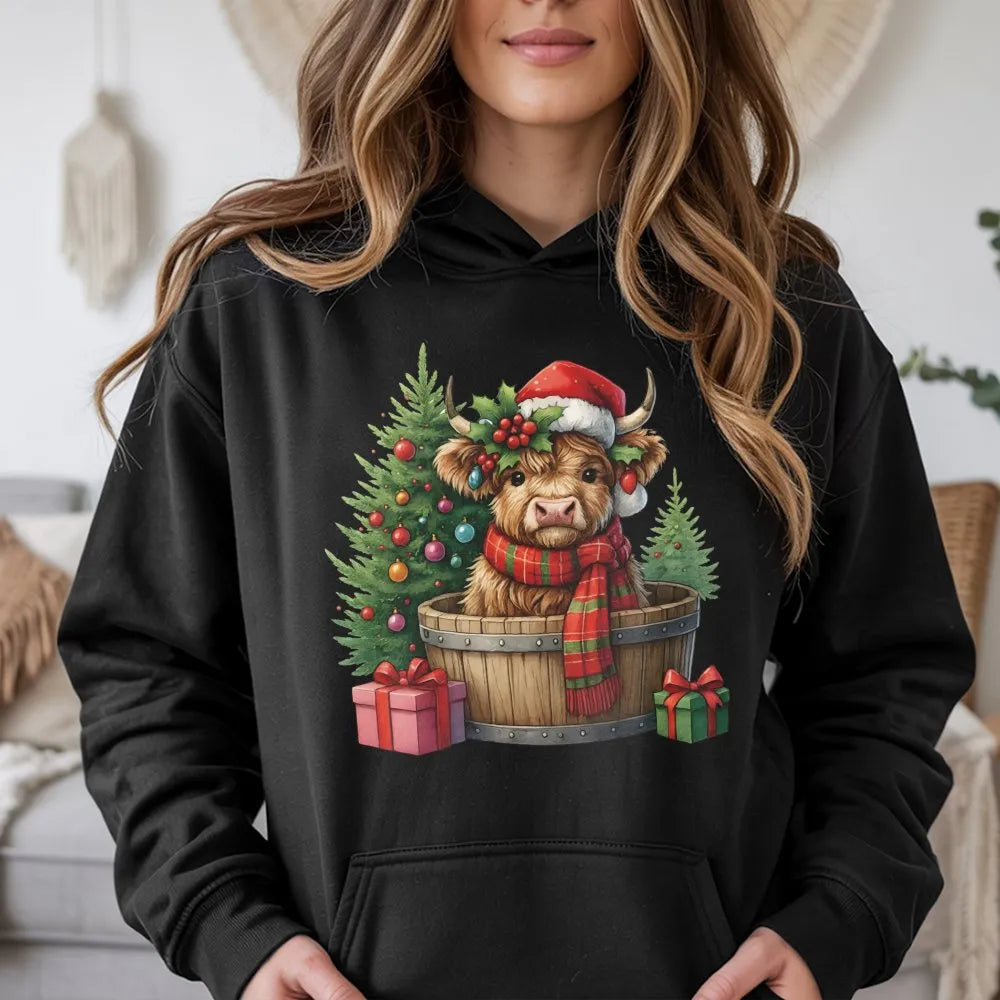 Baby Cow in Barrel Sweatshirt, Christmas Highland Cow Hoodie, Festive Farm Animal Pullover, Holiday Cow Hooded Sweatshirt, Xm