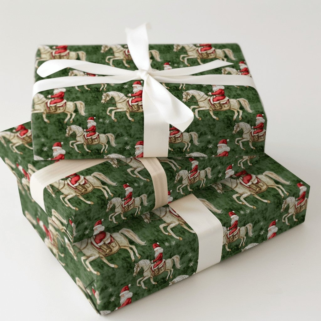 Equestrian Christmas Gift Wrap, Santa Riding White Horse Wrapping Paper, Green Holiday Wrapping Paper, Horse Lover Present Pa