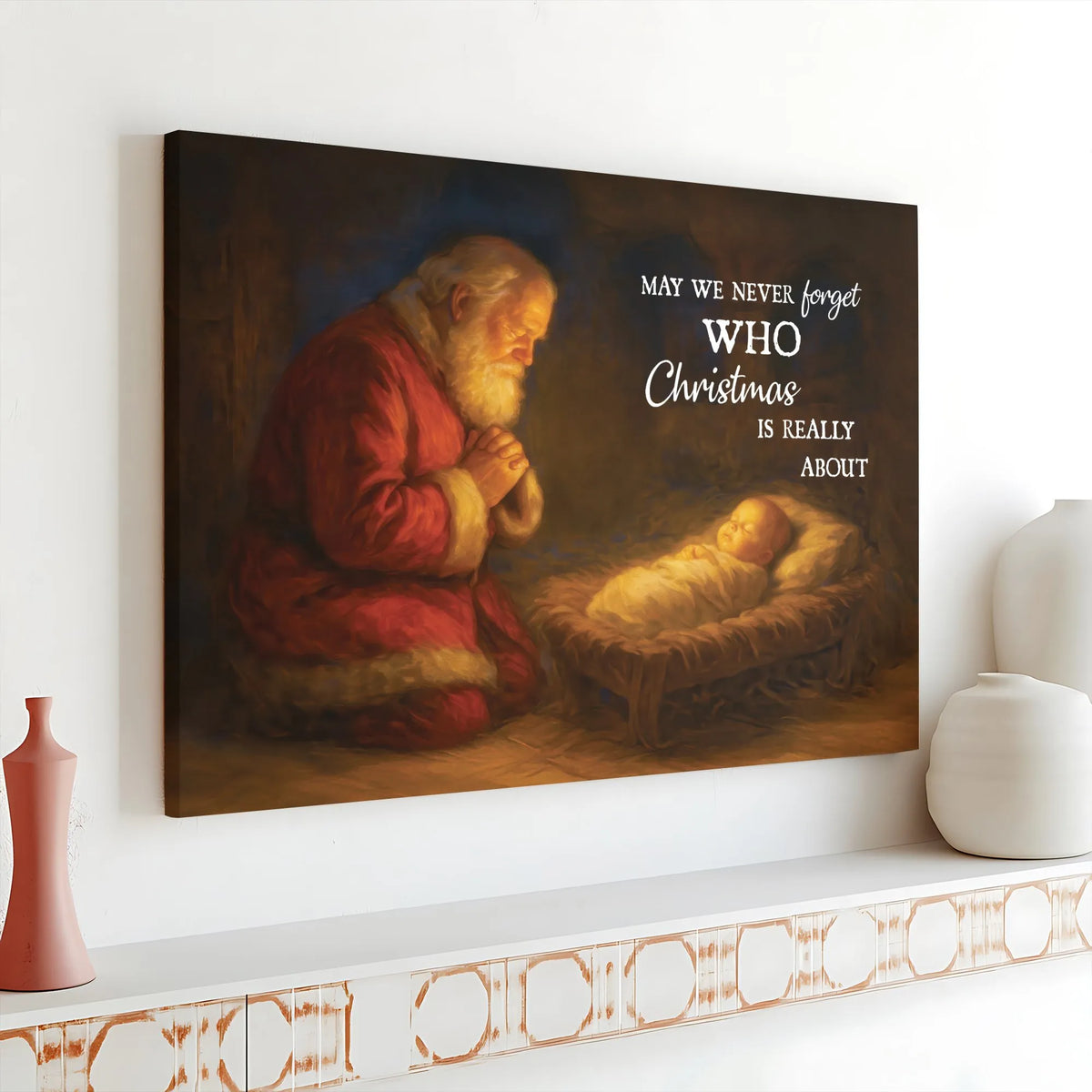 Religious Christmas Wall Art, Santa Kneeling at Manger Canvas, Nativity Scene Canvas Print, Christian Holiday Wall Decor