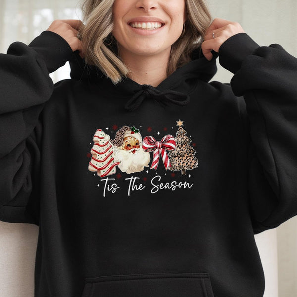 Coquette Bow Christmas Hoodie, Tis the Season Leopard Santa Hoodie, Retro Holiday Hooded Sweatshirt, Adorable Xmas Graphic Ho
