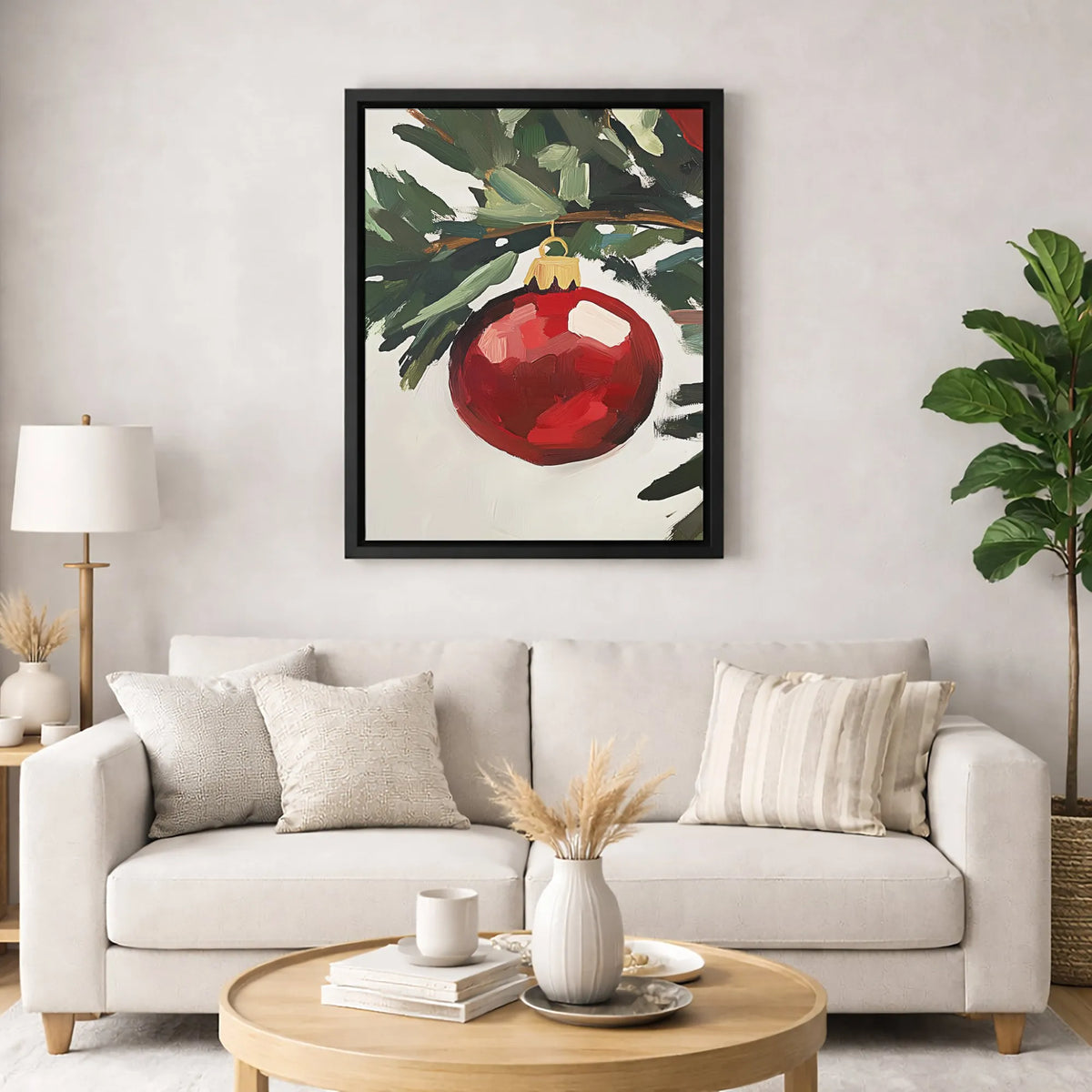 Red Bauble Pine Branch Canvas Print, Christmas Ornament Wall Art, Rustic Holiday Oil Painting Style Wall Art, Winter Festive 