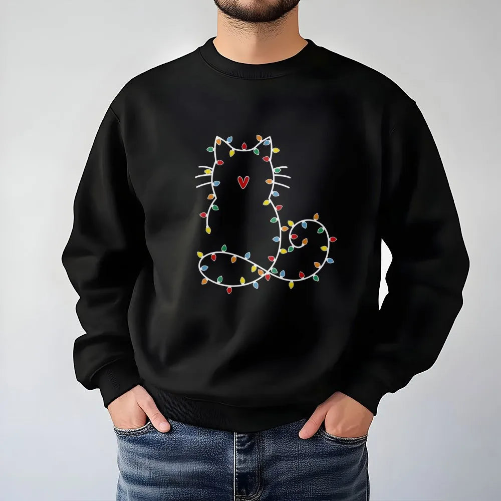 Festive Kitten Holiday Crewneck, Cat Christmas Lights Sweatshirt, Adorable Pet Lover Winter Sweater, Comfy Xmas Party Present
