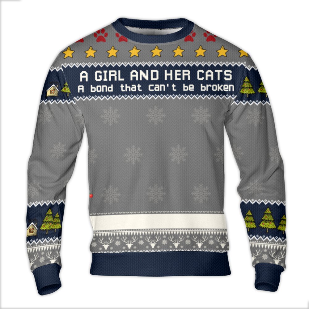 Bond That Cannot Be Broken Christmas Sweater, A Girl and Her Cats Ugly Sweater, Adorable Cat Lover Holiday Sweater, Cat Mom C