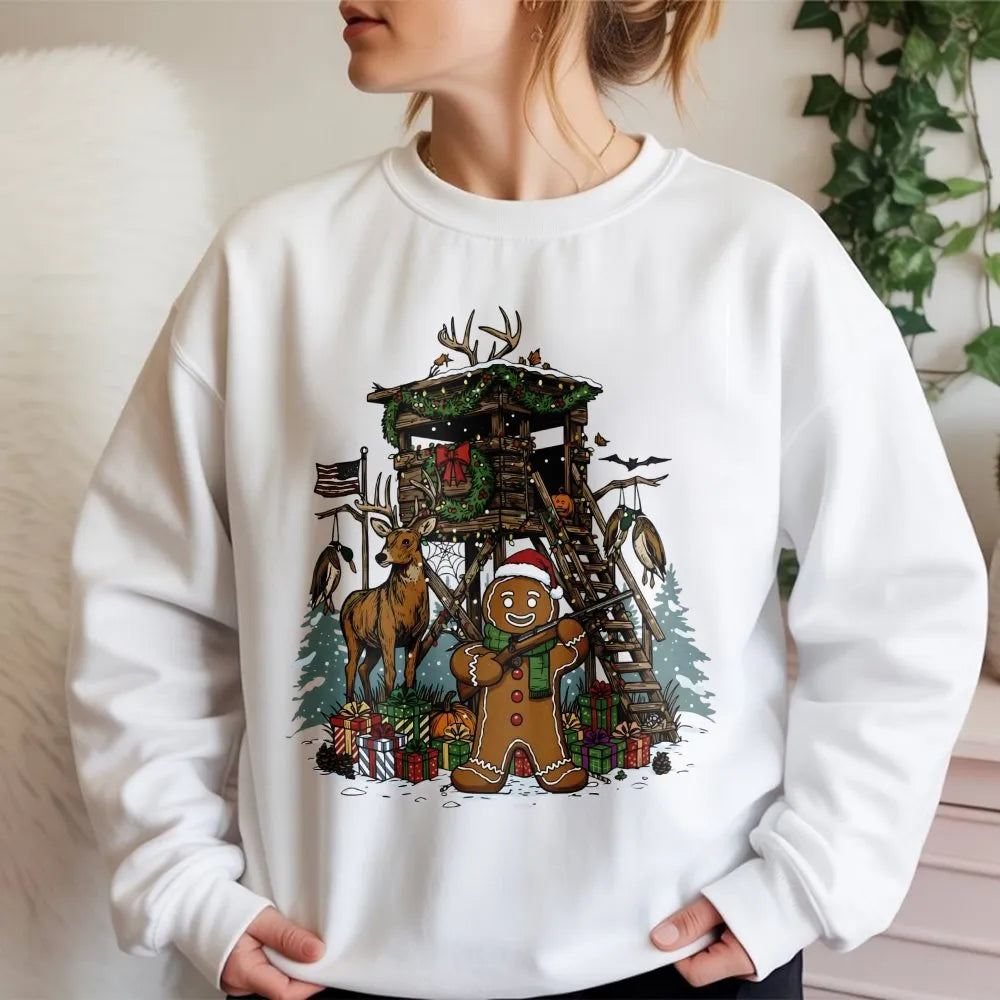 Humorous Deer Hunter Sweatshirt, Gingerbread Man Hunting Sweatshirt, Christmas Cabin Scene Pullover, Holiday Hunting Sweatshi