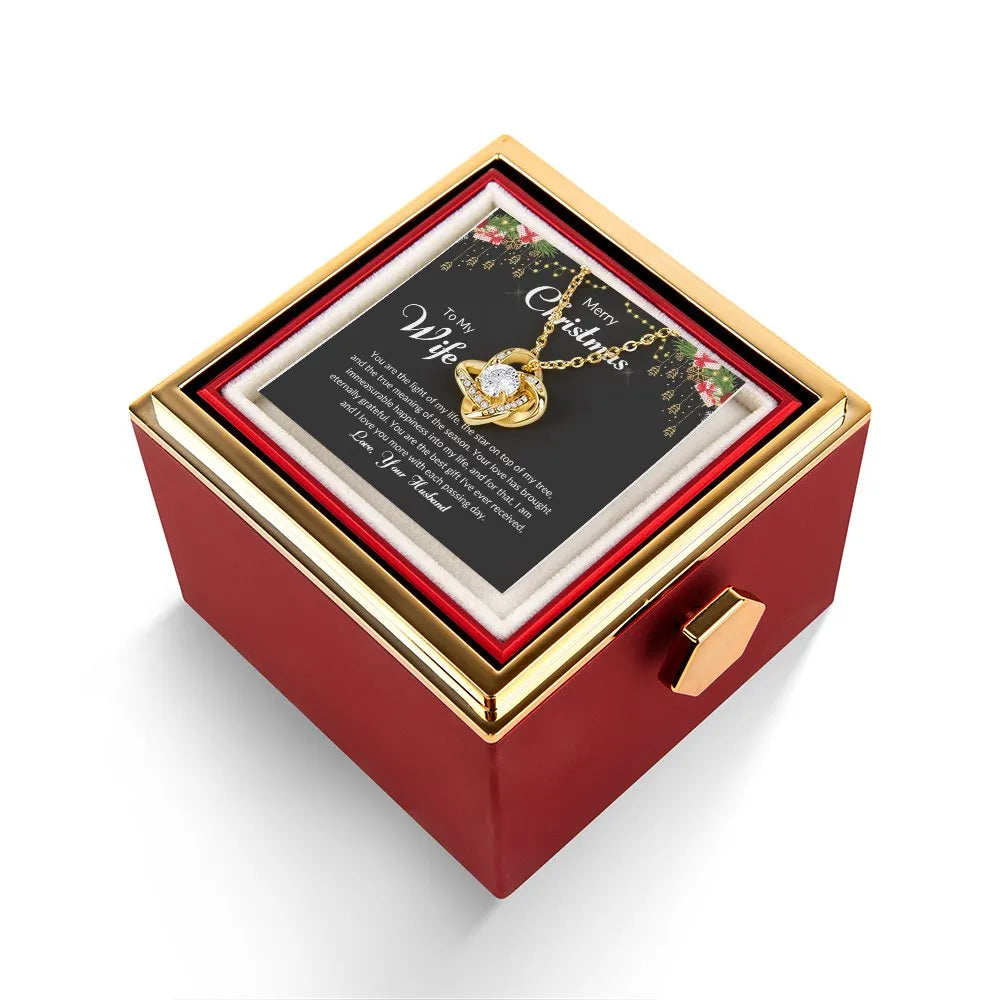 Rotating Rose Box Pendant, Wife Christmas Love Knot Necklace, Romantic Holiday Wife Necklace, CZ Crystal Love Knot Necklace, 