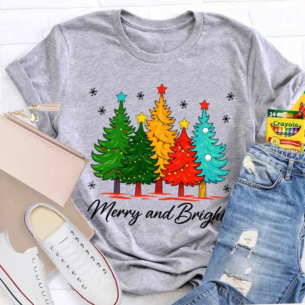 Colorful Holiday Graphic Tee, Merry and Bright Christmas Tree T-Shirt, Festive Xmas Tree Shirt, Retro Christmas Tee, Holiday 