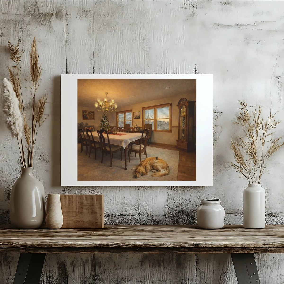 Comfy Holiday Dog Canvas Print, Golden Retriever Christmas Canvas Art, Festive Dining Room Canvas Wall Decor, Winter Puppy Ar