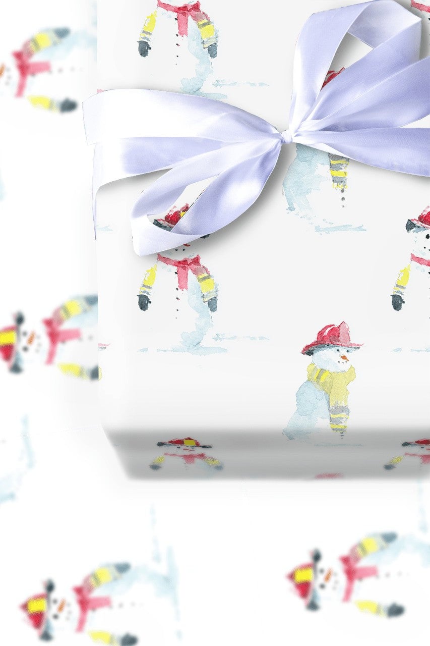 First Responder Gift Wrap, Firefighter Snowman Wrapping Paper, Watercolor Snowman Wrapping Paper, Adorable Christmas Firefigh