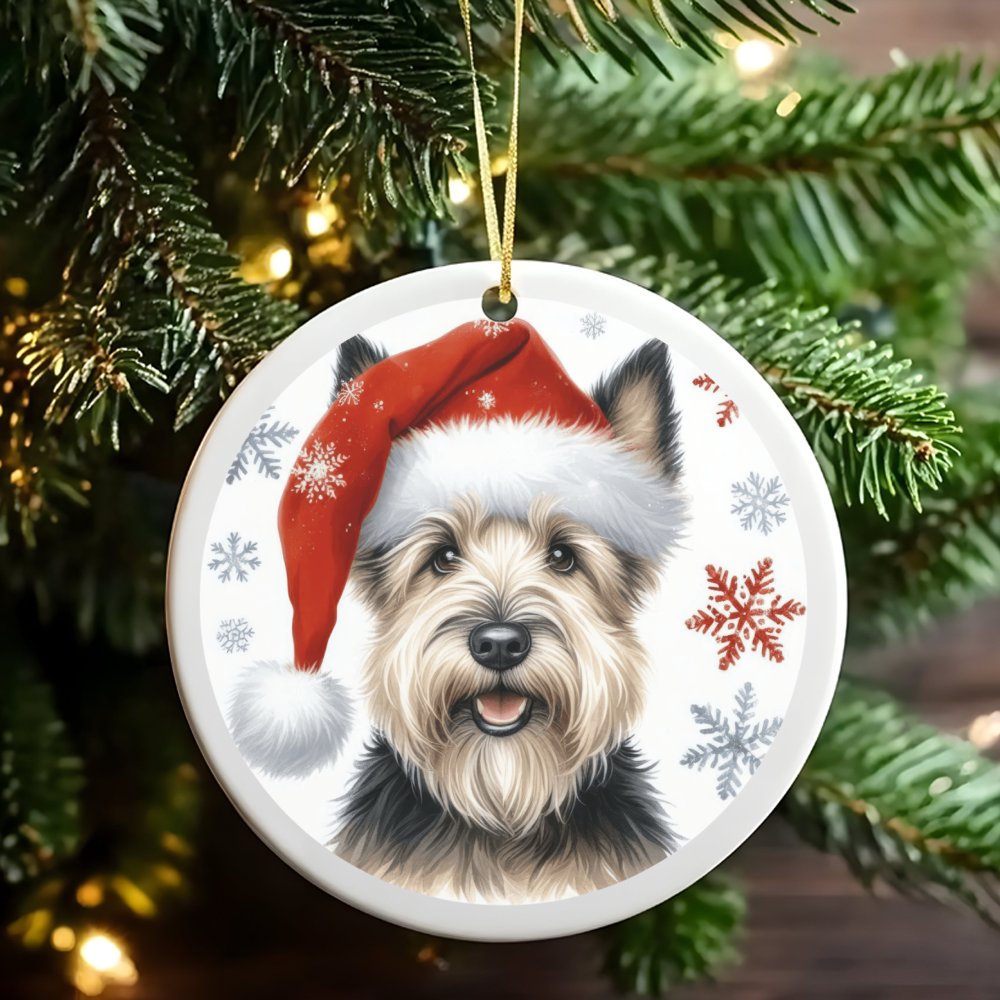Santa Hat Puppy Tree Ornament, Cairn Terrier Christmas Ornament, Ceramic Dog Breed Holiday Ornament, Festive Pet Keepsake, Do