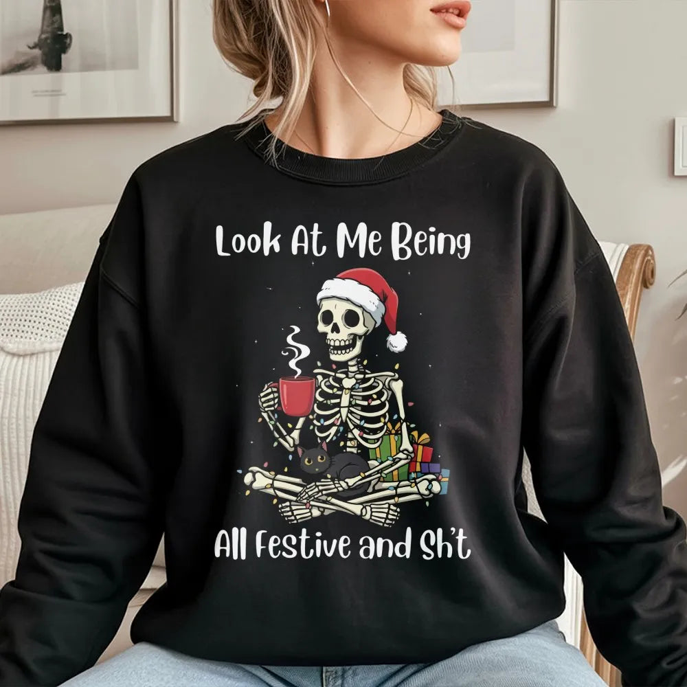 Festive Cat Lover Skeleton Sweater, Humorous Christmas Skeleton Sweatshirt, Spooky Xmas Skeleton Crewneck, Retro Winter Holid