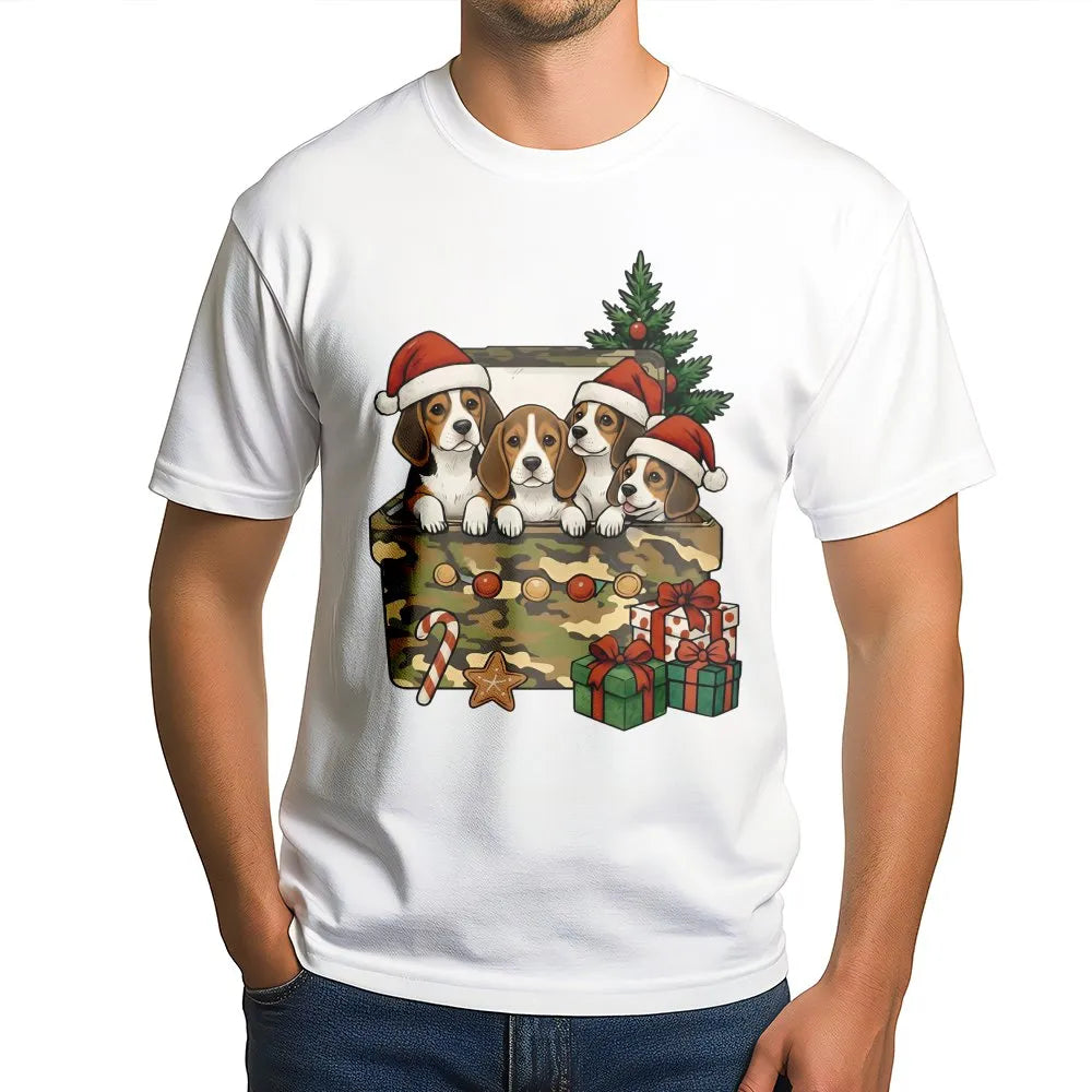 Beagle Christmas T-Shirt | Cute Puppies in Camo Gift Box | Premium Soft Cotton | Funny Dog Lover Holiday Gift
