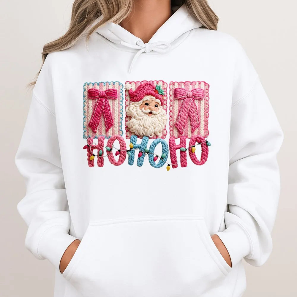 Faux Yarn Christmas Hoodie, Santa Claus Ho Ho Ho Hoodie, Retro Santa Sweatshirt, Holiday Santa Claus Pullover, Winter Xmas Pr