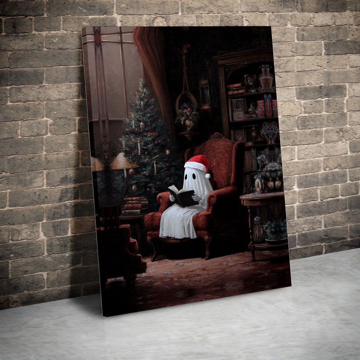 Adorable Santa Hat Ghost Wall Art, Christmas Ghost Reading Book Canvas, Comfy Holiday Canvas Print, Spooky Xmas Wall Art, Boo