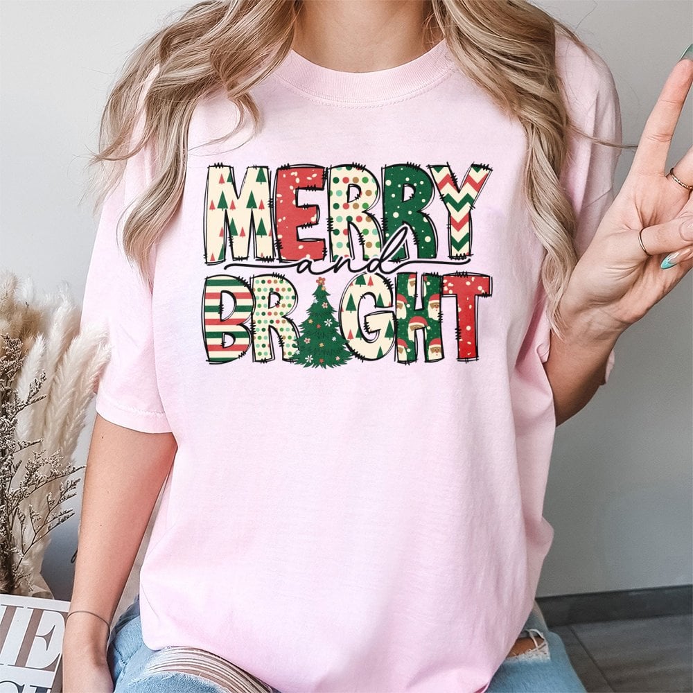 Festive Christmas Tree Typography Tee, Merry and Bright T-Shirt, Holiday Season Graphic Shirt, Xmas Winter Merry Bright T-Shi
