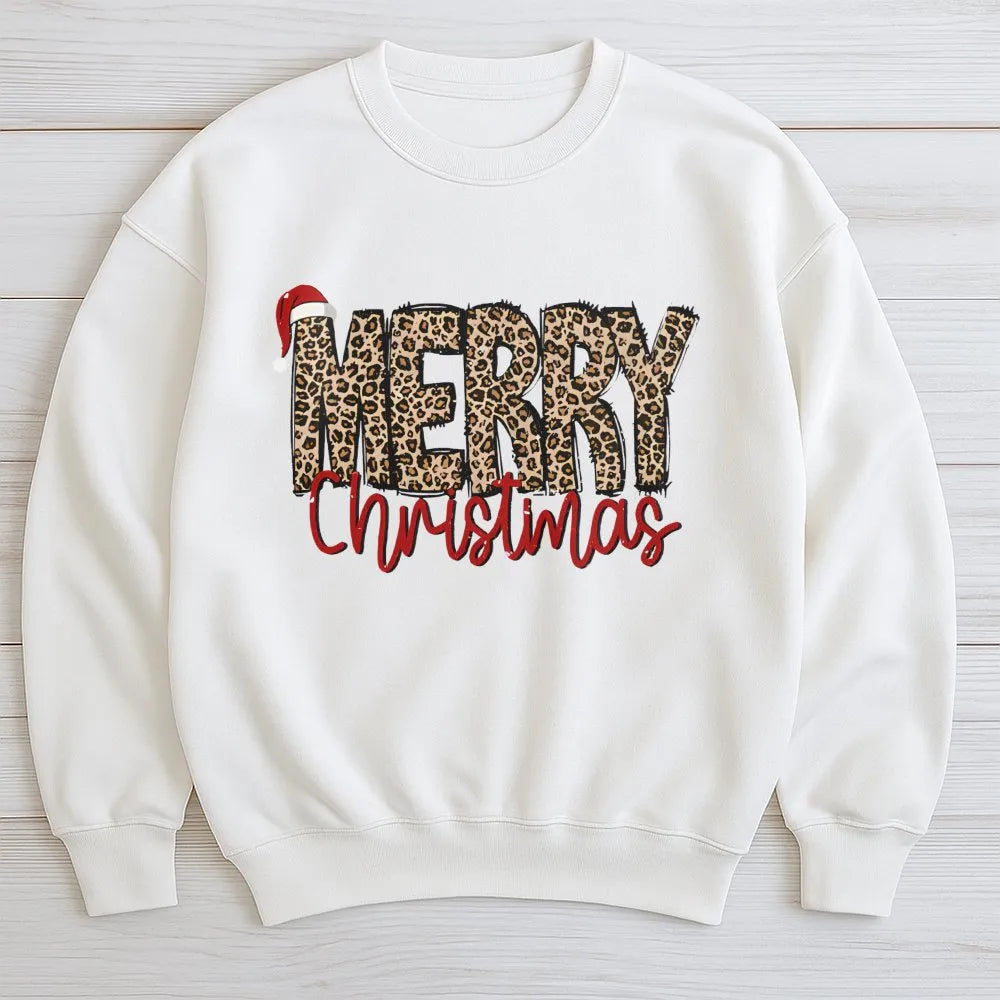 Santa Hat Holiday Crewneck, Merry Christmas Leopard Sweatshirt, Adorable Leopard Print Christmas Sweatshirt, Festive Winter P