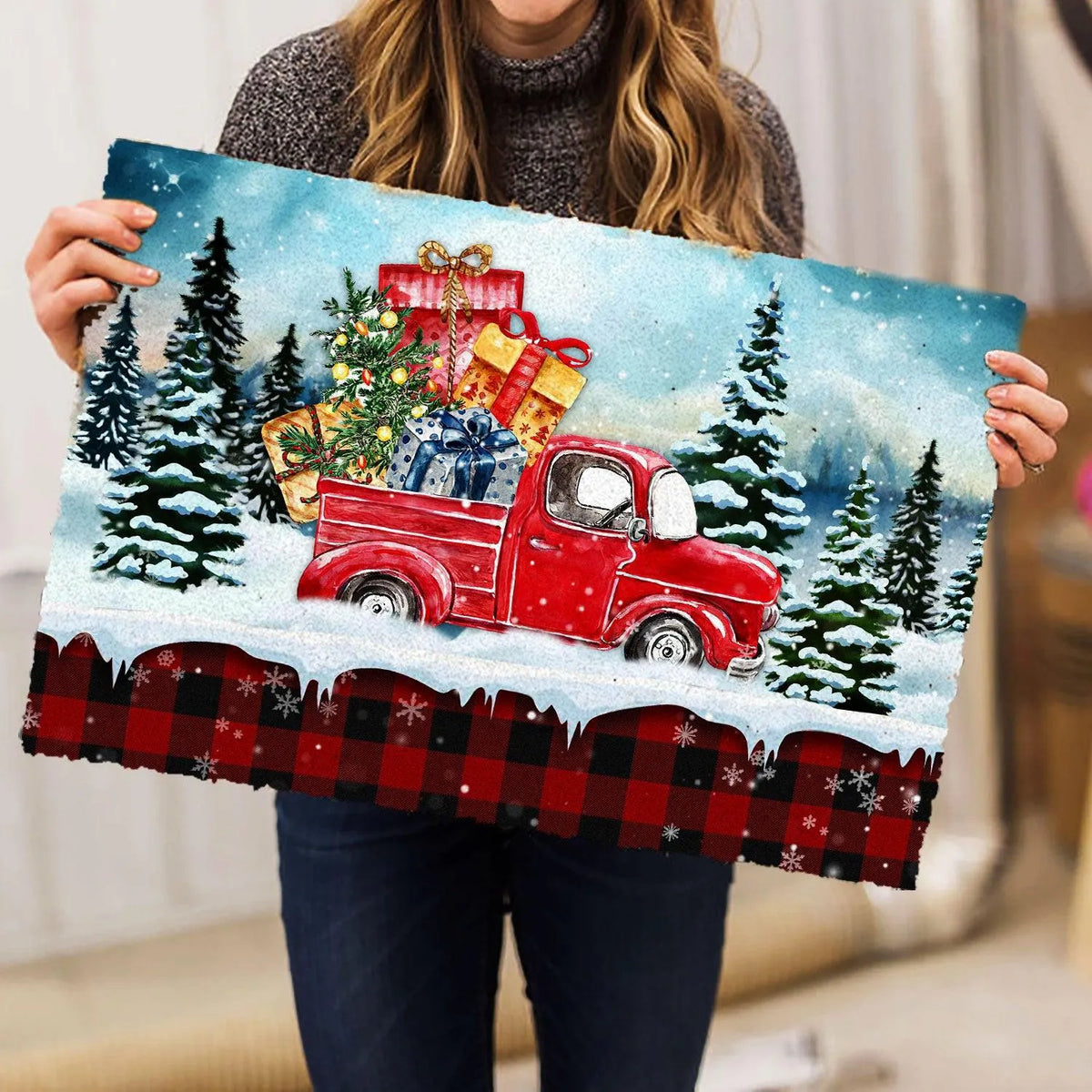 Buffalo Plaid Tartan Welcome Mat, Christmas Red Truck Doormat, Winter Christmas Entryway Mat, Farmhouse Christmas Floor Mat, 
