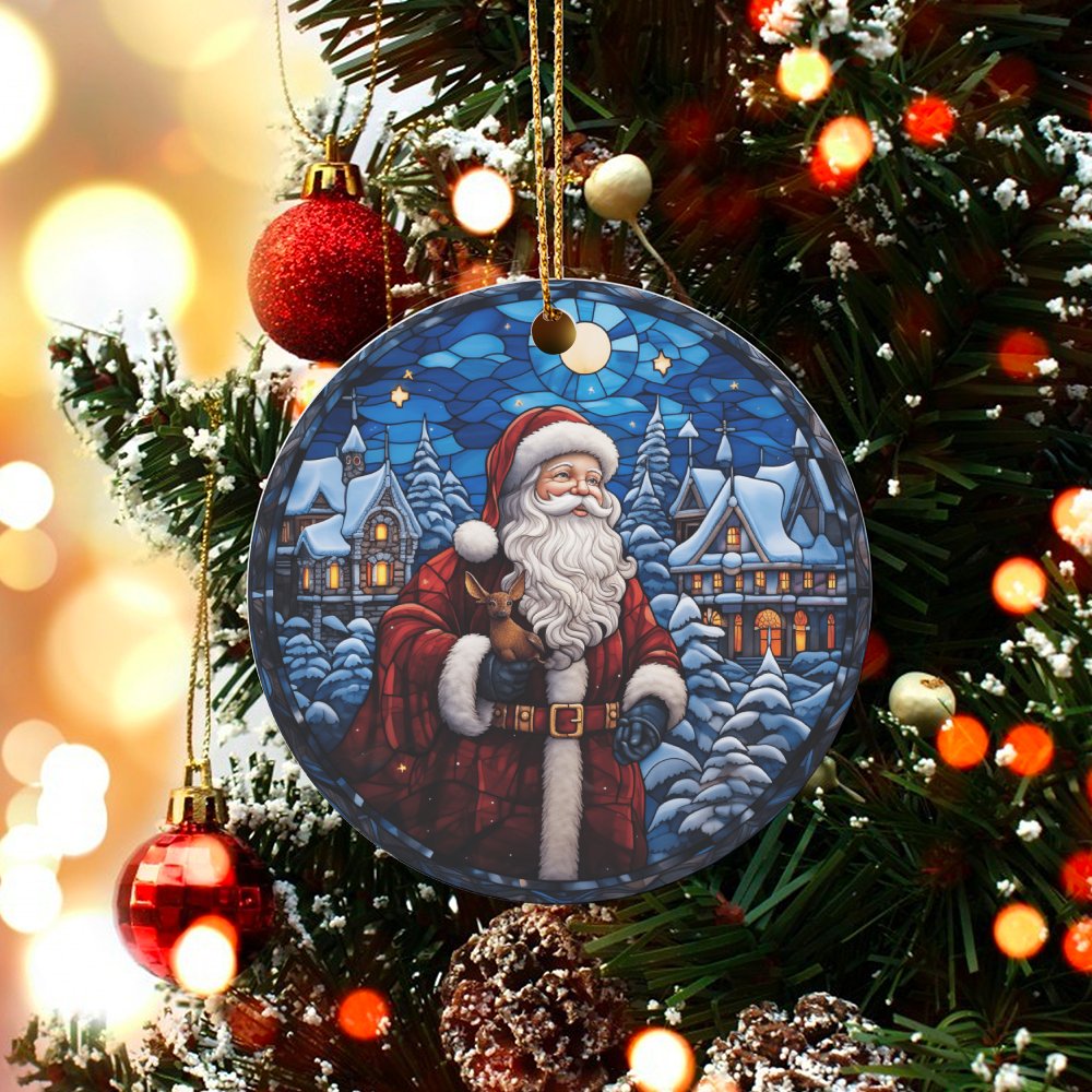 Snowy Village Christmas Ornament, Stained Glass Santa Ornament, Ceramic Santa Claus Decor, Winter Holiday Ornament, Family Ke
